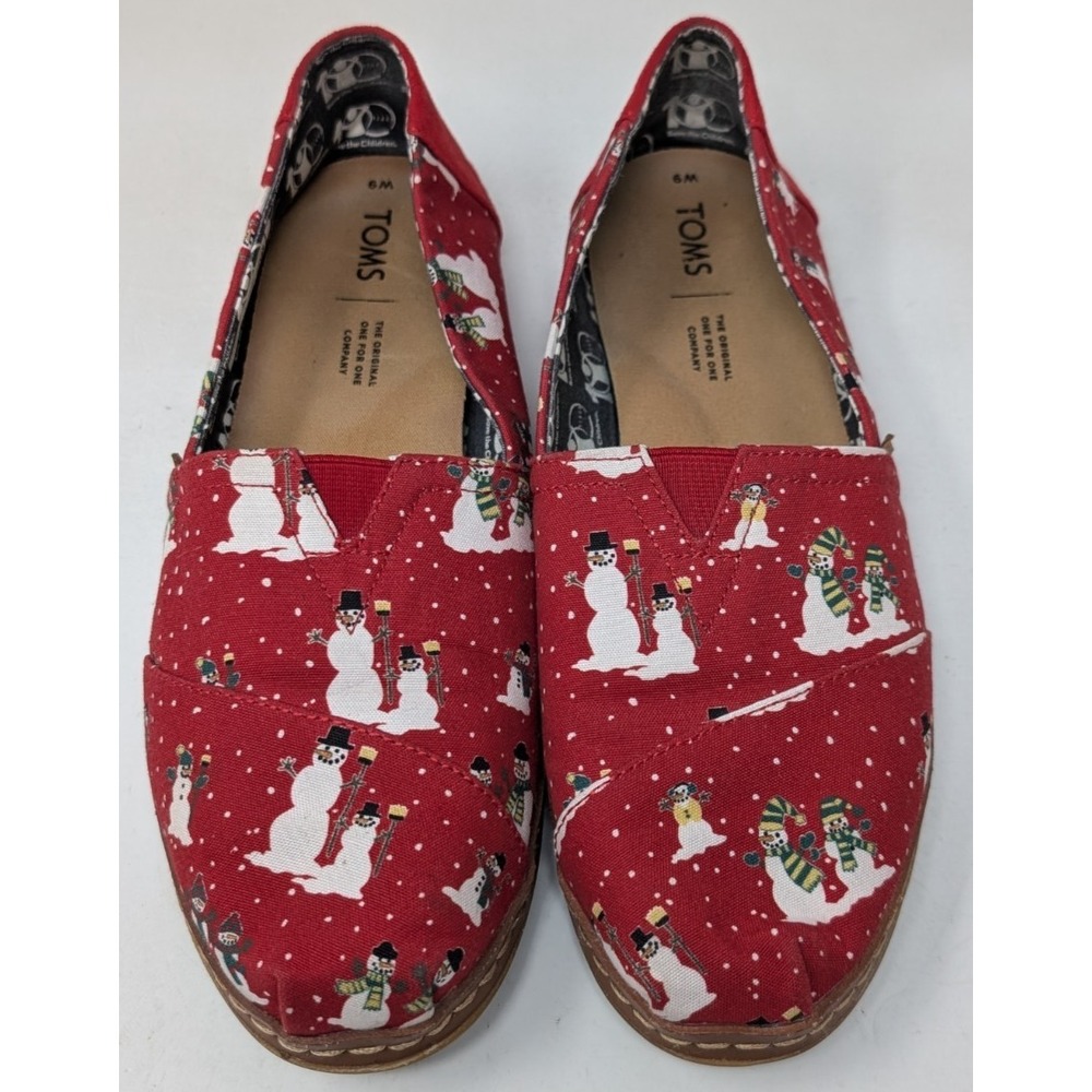 TOMS Women's Size 9 Cozy Snowmen Christmas Snowman Holiday Red Slipon Shoes Flat